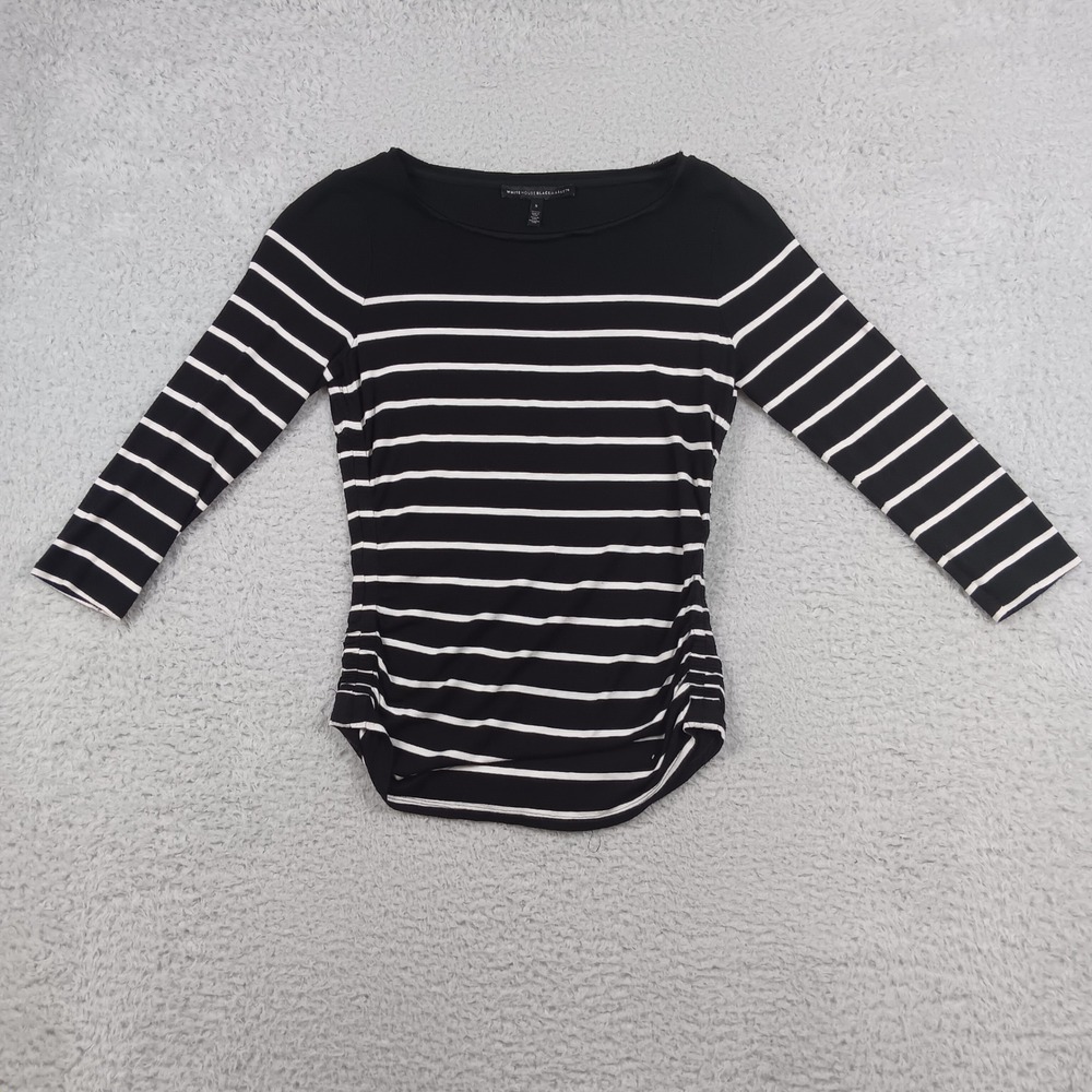 White House Black Market Top Ruched Women S Black White Striped Boat Neck 3/4 Sl